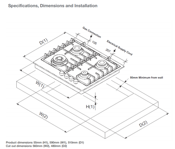 Belling 60cm Black Enamel Gas Cooktop NG/LPG Model BCT60GCBK PHD