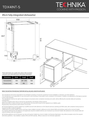 Technika 45cm Fully Integrated Dishwasher Model TDX4INT-5