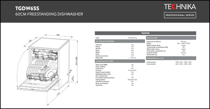Technika Stainless Steel Dishwasher with Top Cutlery Draw Model TGDW6SS