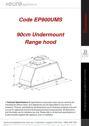 Euro Appliances 90cm Under Cupboard Rangehood Model EM90UMS