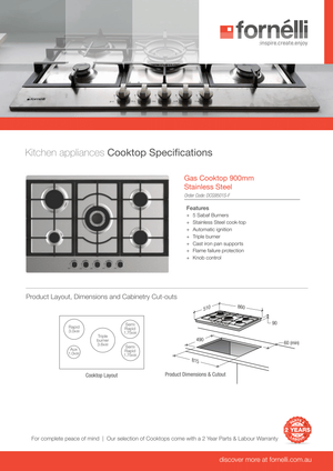 Fornelli 90cm Gas Cooktop NG/LPG Stainless Steel Model DCG9501S-F